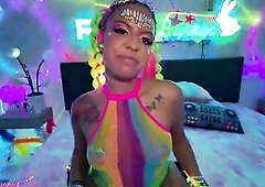 Alix Avery deepthroats Richard Glaze underneath neon rave lights with kandi bracelets clacking, rides him reverse cowgirl in pink haunch highs, then R