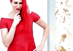 BOBSTGIRLS: Shemale with red hair, nylons and red underware masturbates