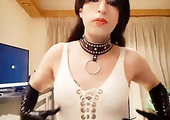 Sissy crossdresser sexually aroused in white bathing suit