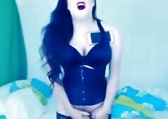 Ravishing shemale in a sexy corset tugs on her shaft