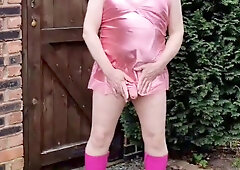 Hooded TV sissy whore in super-fucking-hot pinkish satin and shoes outdoors