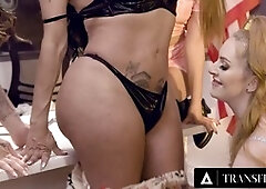 Hypnotized 18-year-old lesbians team up to get it on with their sexy trans Latina tutor Jessy