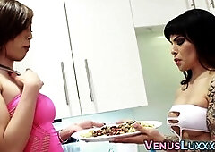 Stunning Japanese shemale pleasures herself until she cums on a plate of food