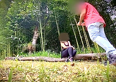 Yoga girl cheats on her partner with a stranger in a bamboo forest