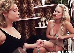 Lascivious golden-haired playgirl Hottie Diamond sharing with her female ally a lewd chap in 3some