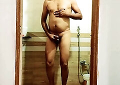 Mature man enjoys solo shower session while pleasing himself