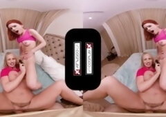 Ash-blonde teens Rachael Cavalli and Natalie Knight catch you jerking off before their wild three-way