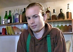 Long-haired dude worships cock to earn money