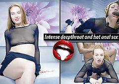 Julia looks completely breathtaking this day! With a gag in her throat and her hands fastened, things get serious right away after a quick greeting! T