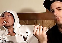 Two straight thugs stroke their long cocks and cum
