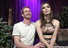 Shemale dominatrix fucks bound man in his mouth