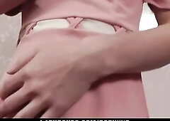 Teen brunette hair ladyboy in peach costume strokes her shaggy rod