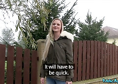 Blonde agent Chrissy Fox meets contact in foggy Prague streets before rough encounters in car