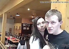 Horny guy is fucking a naughty brunette in the bowling club, in front of her guy