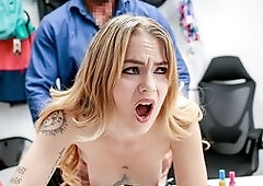 Her pussy is really smooth, no wonder the horny security guard wanted to take a dip. Deep inside that tight hole riding it on his office desk!