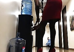 Nasty trans babe buttplugs and wanks off her Tcock in the office