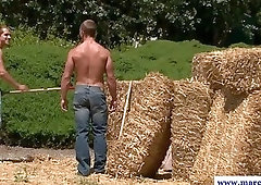 Cock sucking farm hand consumes dick