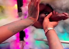 Hot blonde strokes and sucks black cock in glory hole