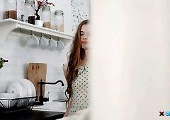 Straight haired too pale girlfriend Adel Bye rides BF's dick during breakfast