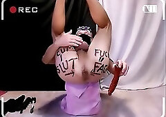 dirty gay pig servenaked in peniscage humiliating bodywriting used as sextoy, dildo in ass