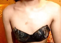 Hairy Asian tranny with small tits masturbates on webcam solo