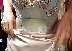 Undressing in preowned Elbeo pantyhose and used white body