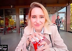 Blonde babe is sucking a random dick in the toilet, to please a horny stranger