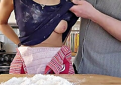 Hot wife with amazing natural tits gets her pussy filled while working in the kitchen