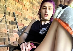 Brunette enjoys the toy on gaping pussy while masturbating