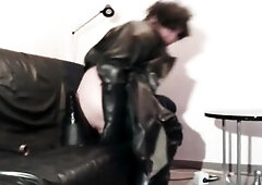 perv rubbercoat latex bessy is riding biggest vibrator and enjoys playing with her rubberboots and gasmask