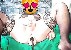 overweight sissy bitch in ebony nylons gets her climax and cums on the sex machine's rod and another time gets her cum in her white butt