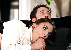 Candie Luciani and Milancheek pleasuring bearded dude on the couch