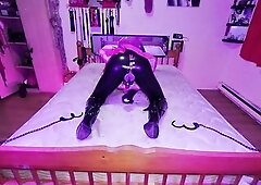 cuffed widen eagle on couch with 4 tens pads on arse keepin me cheeks flexing around the purple sex tool locked unfathomable in me butt... harness gag