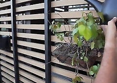 Youthful woman enjoys a priceless screw outdoors with her gardener