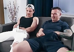 Derek Kage gets caught by their babysitter Enzo Muller watching porn