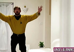 Lustful star trek fans having a hardcore banging on a sofa
