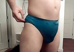 Mature crossdresser flaunts blue panties on webcam for older gay audience