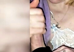 That babe lazily sucks and strokes him during the time that the camera pans to her pierced teats and hairless vagina which have slipped out of her whi