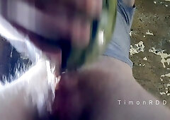 Arrogant masculine TimonRDD rock hard screws a watermelon with a gigantic fur covered beef whistle