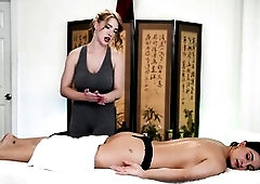 Blond Masseuse Oils Up Curvy Lalin girl Client and Can't Stop Touching Her Thick Booty on the Table