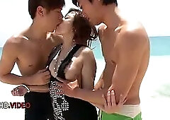 Mayuka Akimoto's Beachside Threesome Ends With Surprising Asian Creampie Delight
