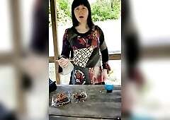 Tgirl Jeny eats cake drinks juice shows her booty and cunt