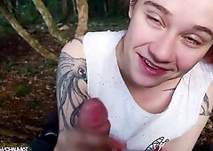 A redhead in the forest asked for my knob and ended up with a cum on her face