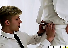 Bishop ties twink to a chair and makes him suck his rod