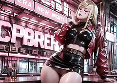 Below the neon rain, that babe emerges in a red and ebony tactical armor, her golden hair flowing wildly beneath the cold light. From assured standing