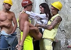 Construction Workers Gangbang Horny Brunette in Ruins Double Penetration