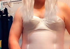 Closeted sissy masturbation in white lingerie