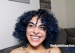 Curly-haired Latina with blue highlights rides Jay Bangher's thick ebony cock on the living room couch