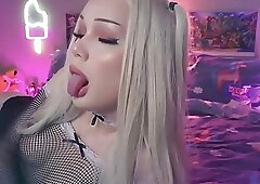 BLonde shemale teen fools around in her sexy fishnet lingerie