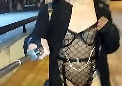 Taniax walks around the city in sexy black lingerie,showing her tiny cock in flat chastity cage